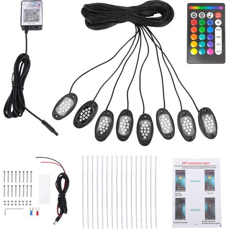 Éclairage soubassement RGB multicolore – Kit 8 pods application téléphone télécommande 16 millions couleurs musique camion UTV SUV (1/5)