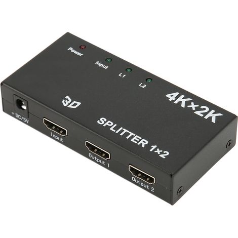 Répartiteur d'interface multimédia HD 1 entrée 2 sorties 4K/2K avec duplication d'écran et adaptateur secteur pour TV 100-240 V (prise UE). (1/5)