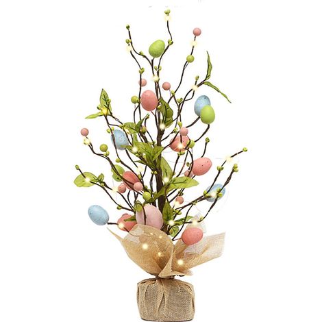 Décoration de sapin de Pâques avec lumières LED, centre de table en forme d'œuf de Pâques de 45 cm, base en toile de jute, plante artificielle pour la décoration de table de Pâques (Couleur 2) (1/5)