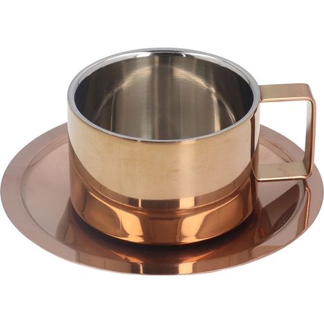 Lot de 2 tasses à café en acier inoxydable 304, doré rose, avec soucoupe, pour maison et extérieur
