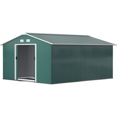 Cabane de Jardin avec 2 Portes Coulissantes et 4 Prises d'Air en Acier, 340x386x200cm, Vert (1/5)