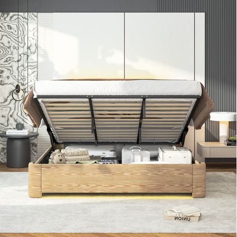 Lit coffre 180x200 cm avec éclairage LED, ouverture assistée 750 N, beige HAVRYA (1/5)