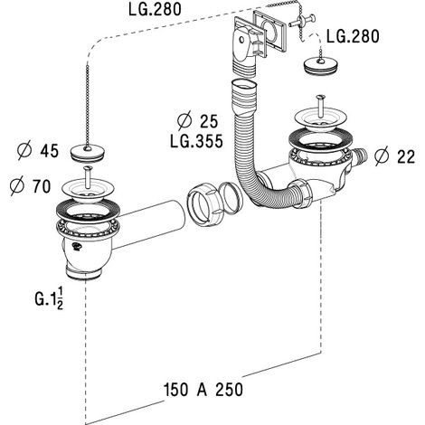Nicoll – Vidage complet pour évier inox 2 bacs – Entraxe réglable 150-250mm – Tubulure grand débit avec système anti-refoulement