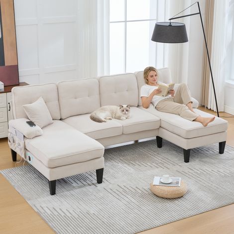 Großes U-förmiges 4-Sitzer Sofa aus weichem Leinenstoff, moderne Rückenlehne,mit zwei Chaise-Lounges,stabile Füße und kuschelige Sitzkissen mit Dekokissen – elegant für jedes Wohnzimmer.Beige