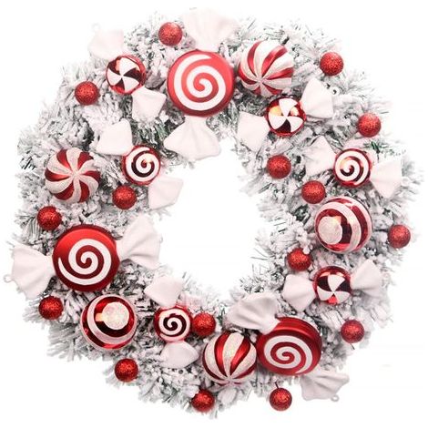 Guirlande de Noël, guirlande de Noël de 16 pouces pour porte d'entrée, décoration de guirlande de porte de Noël rouge blanc avec ornements de boule, bonbons, décoration de vacances pour cheminée décor (1/4)