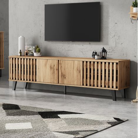 TV-Lowboard HAVRYA 180 x 40 x 55 cm, 8 Fächer, 4 Türen, Naturholz und schwarze Füße (1/5)