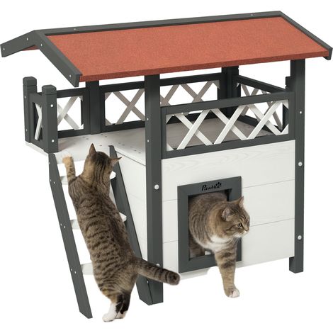 Niche d’extérieur pour chat avec terrasse et échelle bois 77 x 50 x 73 cm abri jardin balcon animaux domestiques protection maison extérieur