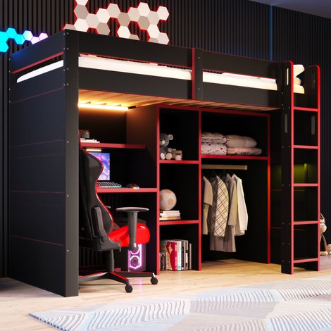 Lit mezzanine gaming 90 x 200 cm en bois noir et rouge, bureau, penderie ouverte, rangements, LED, port USB, sommier à lattes, échelle et garde-corps (1/5)
