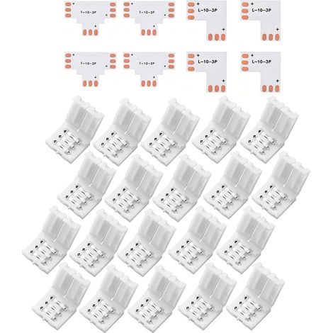 28pcs Connecteur Ruban LED Kit, Connecteurs d'angle en Forme de L et T, Adaptateur Sans Soudure avec Clips pour Bande Lumineuse, Raccord Rapide 2 Broches 8mm, Accessoires d'Eclairage Domestique (1/5)
