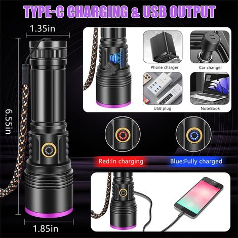 Lampe torche UV 30 W – 365 nm, lumière noire professionnelle, rechargeable par USB-C, batterie 3000 mAh avec fonction de batterie externe, boîtier en aluminium – Détection des taches, minéraux, scorpi (1/5)