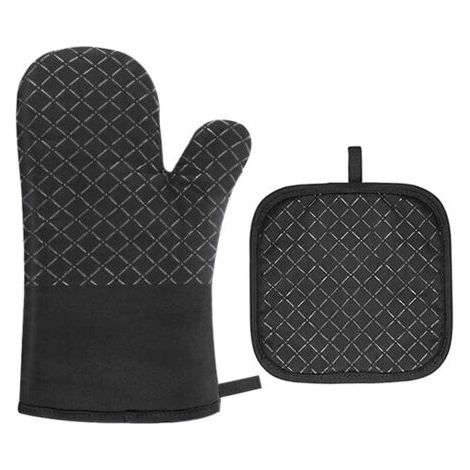 Set di 2 guanti da forno per cucina, in silicone e cotone, utilizzabili anche come presine, 27 x 18 x 3,5 cm (1/4)