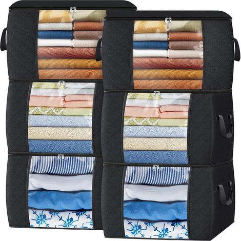 Lot de 6 sacs de rangement pliables de 90 litres pour ranger les vêtements, les armoires et les couettes de votre chambre, noirs (1/5)