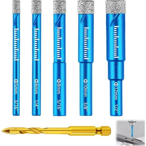 Set di punte diamantate per la posa di piastrelle – diametri 5/6/8/10/12 mm – Adatte a materiali duri come gres, ceramica, vetro, granito e marmo (1/5)