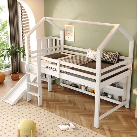 Lit mezzanine pour enfants 90x200 cm avec toboggan, escalier, armoire et étagère blanc (1/5)