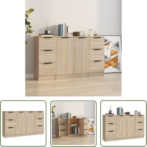 The Living Store Buffets 3 pcs Chêne sonoma Bois d'ingénierie - Meubles De Rangement - Buffet - Meuble Tv - Commode - Bibliothèque (1/5)