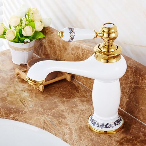 Rétro Mitigeur Robinet de Lavabo Laiton & Céramique Évier Bleu Et Blanc en Porcelaine À Long Cou Vintage Floral avec l'entrée d'eau Froide/Chaude Cuisine Salle de bain(blanc)
