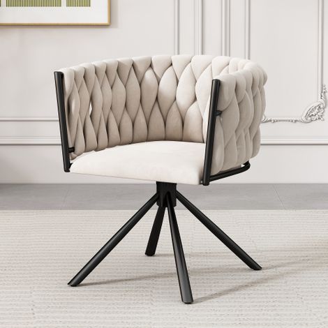 Samt-Esszimmerstuhl, einzelner heller Luxus-Wohnzimmer-Schlafzimmer-Drehstuhl, Freizeit-Drehstuhl mit vier Stützbeinen aus Metall, beige[OLD SKU:WF310491AAB]