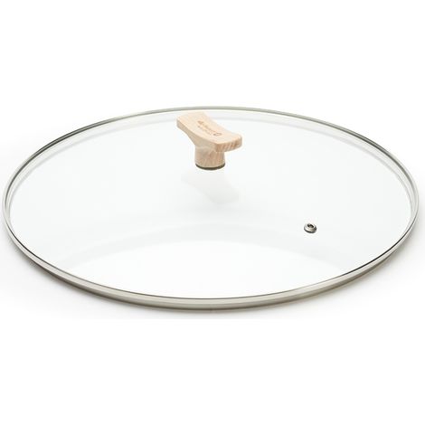 Couvercle en verre 32 cm avec bord inox et poignée bois