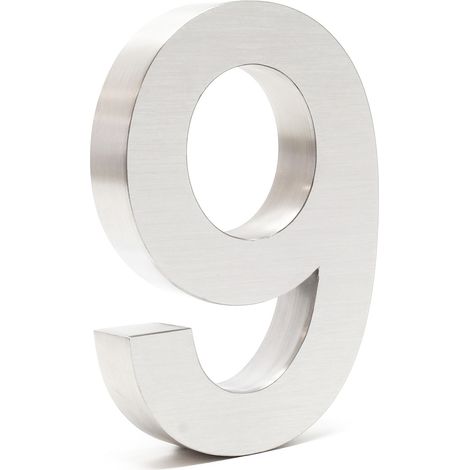 Wiltec Número de casa "9" acero inoxidable 20 cm moderno diseño 3D tipo Arial para fachadas y exteriores de casas de casas, material de montaje incluido (1/5)