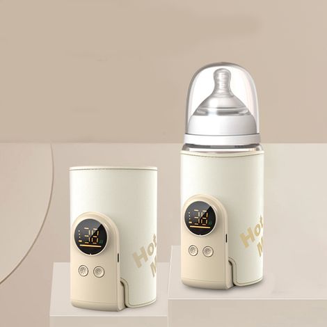 Portable bottle warmer with LCD screen, USB charging, 6 adjustable temperature settings, 38-50 °C, ideal for travel and home.