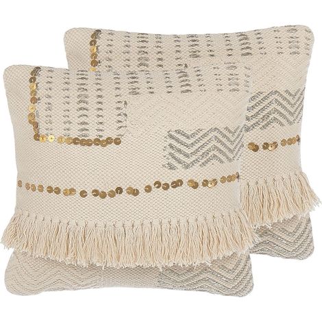 Dekokissen 2er Set VAYALI Baumwolle 45 x 45 cm Beige Streifenmuster