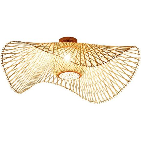 Plafonnier semi-encastré de style bohème en rotin tressé pour intérieur, douille E27, adapté aux salons, couloirs, cuisines et autres espaces (ampoule non incluse). (1/5)