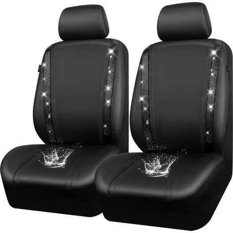 Housses siège Voiture en Cuir imperméable, Bling Diamant Brillant Cristal Scintillant, Universel pour 95% de Toutes Les Automobiles Camions SUV, Femmes Hommes(Avant, Noir) (1/5)