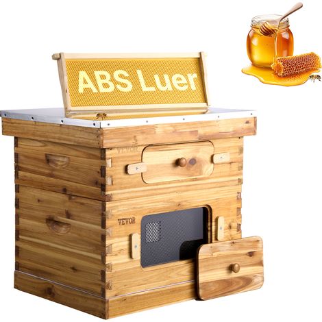 VEVOR Ruche deabeilles, 20 cadres, bois de sapin enduit de cire deabeille, 1 boite profonde 1 moyenne, kit ruche Langstroth, fenetres acrylique transparent fondations pour apiculteurs pro debutants