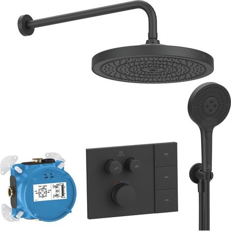 Ideal Standard Duscharmaturen-Set – Ceratherm Navigo® Unterputzthermostat mit Easy-Box Unterputz-Grundkörper, Solos 3-Funktions-Kopf- und Handbrause