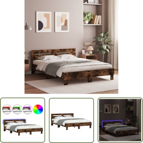 The Living Store Bettgestell mit Kopfteil LED-Beleuchtung Räuchereiche 140x190cm - Holzbettfassungen - Bettsystem - Lattenrost - Kopfteil - Rauchfarben Möbel (1/5)