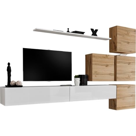 Wohnzimmer-Wandmöbel-Set SWITCH IX im Design, Farbe Hochglanz Weiß und Wotan Eiche.