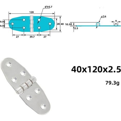 Charnière (40 x 120 x 2,5) en acier inoxydable 304 renforcé, charnière pour équipement mécanique, charnière plate pliante industrielle robuste, charnière à plaque rabattable (1/5)