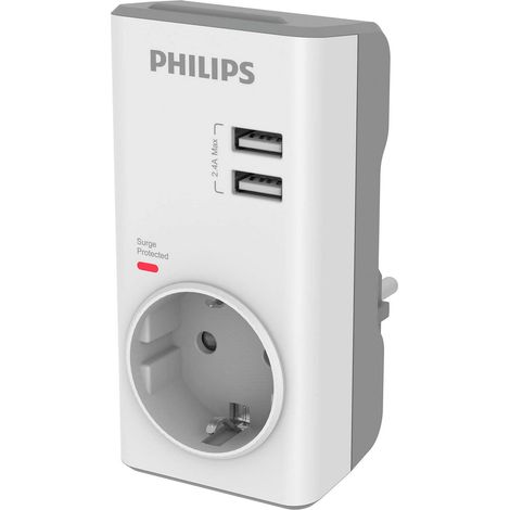 Philips Adattatore CHP4010W/10 - Adattatore di spina, caricatore USB integrato, 2 porte USB 2.4 A max, 1 presa di corrente, indicatore LED di alimentazione, protezione da sovratensione, colore bianco