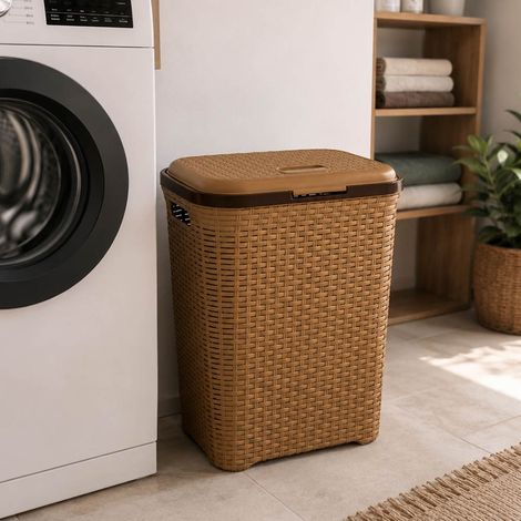 Cesta cestone portabiancheria in plastica con coperchio marrone cm44 x 33 x h 57 (1/5)