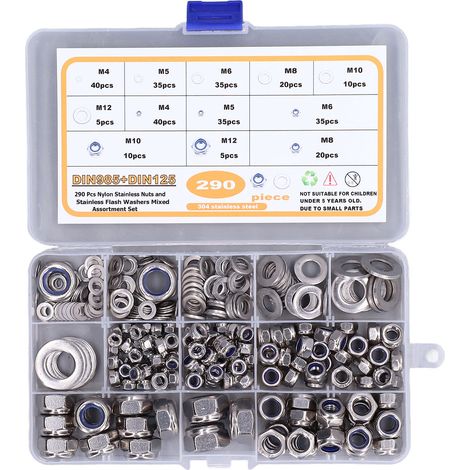 Losnummer mit 290 Unterlegscheiben und Muttern aus Nylon 304 und Edelstahl M4 M5 M6 M8 M10 M12, Sortiment an Bremsen und Dichtungen, Hochleistungsschrauben. (1/5)