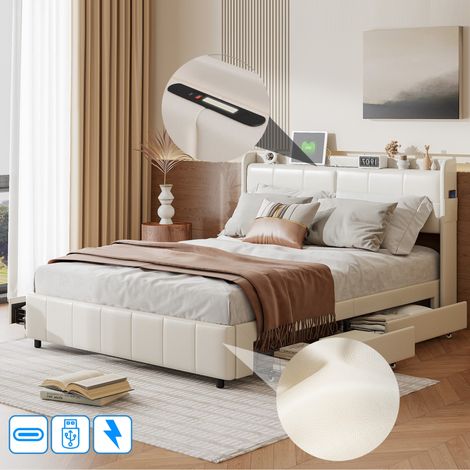 Cama Doble 160x200 cm de Hierro Forjado con 4 Cajones - Carga USB - Estructura Metálica - PU y Somier de Lamas - Cama para Adultos - Blanc
