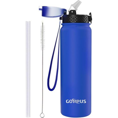 Edelstahl Thermosflasche 1L mit Strohhalm, auslaufsicher, BPA-frei, blau (1/5)