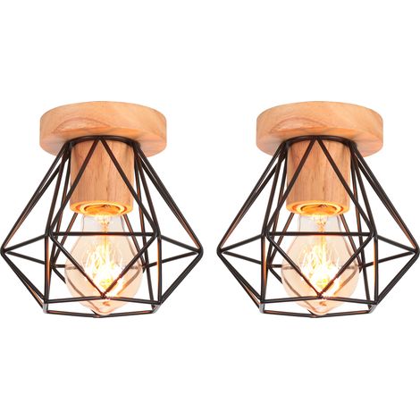 2 Pack Ceiling Light Vintage Industrial E27 40W Ceiling Lamp Cage Diamond in Wood and Iron for Corridor Stairs Entrance Bedroom Black (1/5)