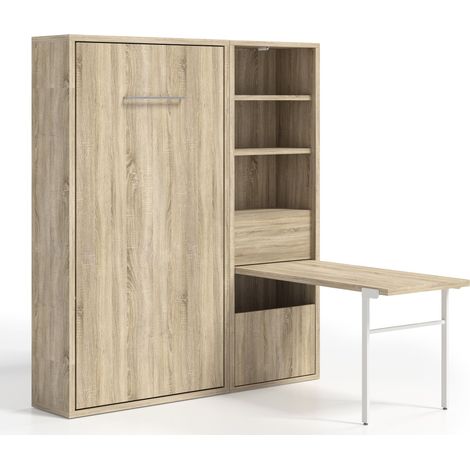 Les Tendances – Lit escamotable vertical 140x190 avec armoire et bureau – Système de guides métalliques – Amortisseurs à gaz pour descente lente – Structure en mélaminé haute densité (1/5)