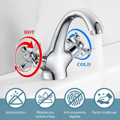 Robinet de Lavabo Rétro Double Poignée, Mitigeur pour Salle de Bain avec Eau Chaude et Froide, Chromé - AUTRES (1/3)