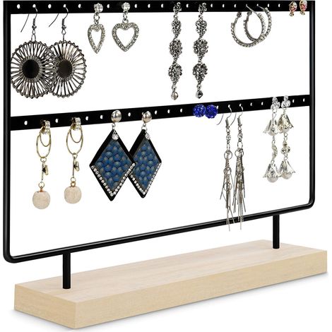 Presentoir Boucle d’Oreille en Métal Noir avec Base en Bois - 46 Trous, 2 Niveaux - Rangement Boucle d’Oreille, Colliers et Porte-Clous pour Femmes et Filles (1/5)