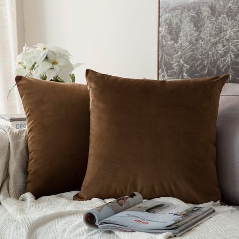 Lot de 2 housses de coussin décoratives en velours pour canapé, ultra douces et confortables, 60 x 60 cm, marron. Idéales pour le salon ou la chambre.