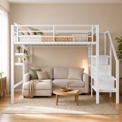 Hochbett 140x200 cm Weiß aus Metall und MDF mit Regalfächern, Stauraumleiter und kindersicherem Geländer (1/5)