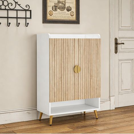 Meuble à chaussures en bois et métal blanc, 7 niveaux, 2 portes avec 1 tablette réglable (1/5)