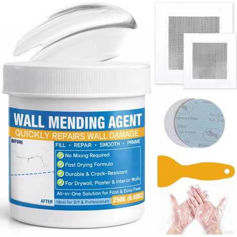 Enduit de Rebouchage 250g, Rebouche Trou Mur Blanc pour Trous, Fissures, Écaillage et Graffiti, avec Patch pour Cloison Sèche, Spatule et Papier de Verre, Filler Étanche pour Murs (1/5)