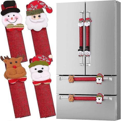 Ensemble de 4 protège-poignées de porte de réfrigérateur, motif Père Noël et bonhomme de neige. Protection pour poignées de porte de réfrigérateur, micro-ondes, four et lave-vaisselle. (1/5)