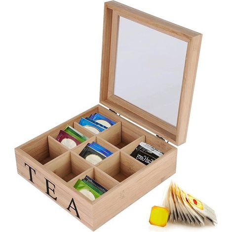 Boîte à thé - Organisateur de sachets de thé - Bambou - Coffret en bois avec couvercle transparent - 9 compartiments - Sachets de thé non inclus - Couleur kaki (1/5)