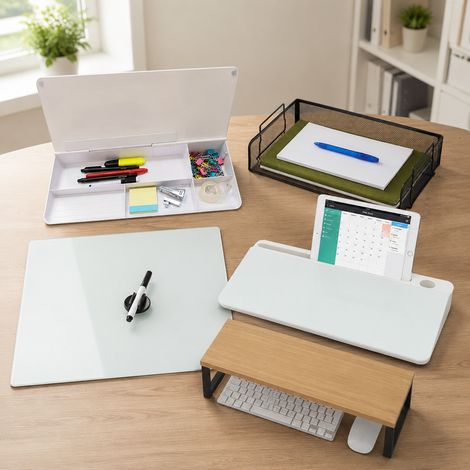 Juego moderno de escritorio para oficina en casa (4 piezas): bandeja para documentos, pizarra de cristal, organizador de escritorio y soporte para monitor (1/5)