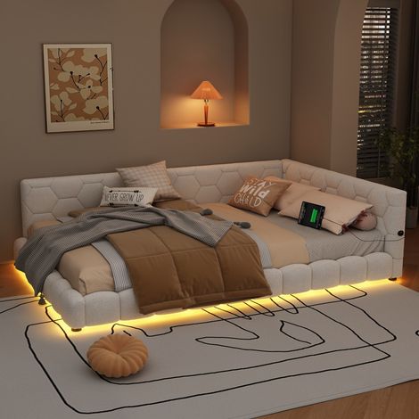 Lit 140x200 cm - Lit Double 140x200 - Lit Banquette avec Éclairage LED 16 Couleurs et Ports USB/Type-C - Bouclette Blanc (1/5)