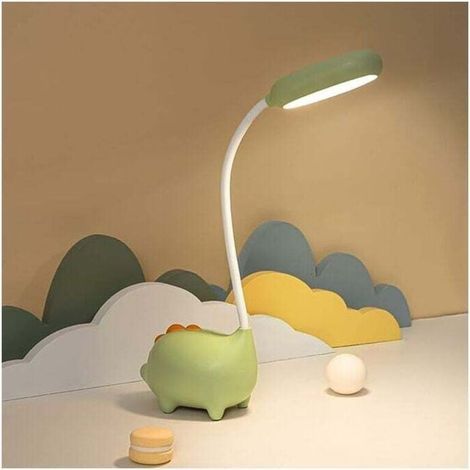 Lámpara de escritorio única con forma de dinosaurio, luz nocturna LED para niños, carga inalámbrica, lámpara de protección ocular para el aprendizaje del estudiante, color verde. (1/4)